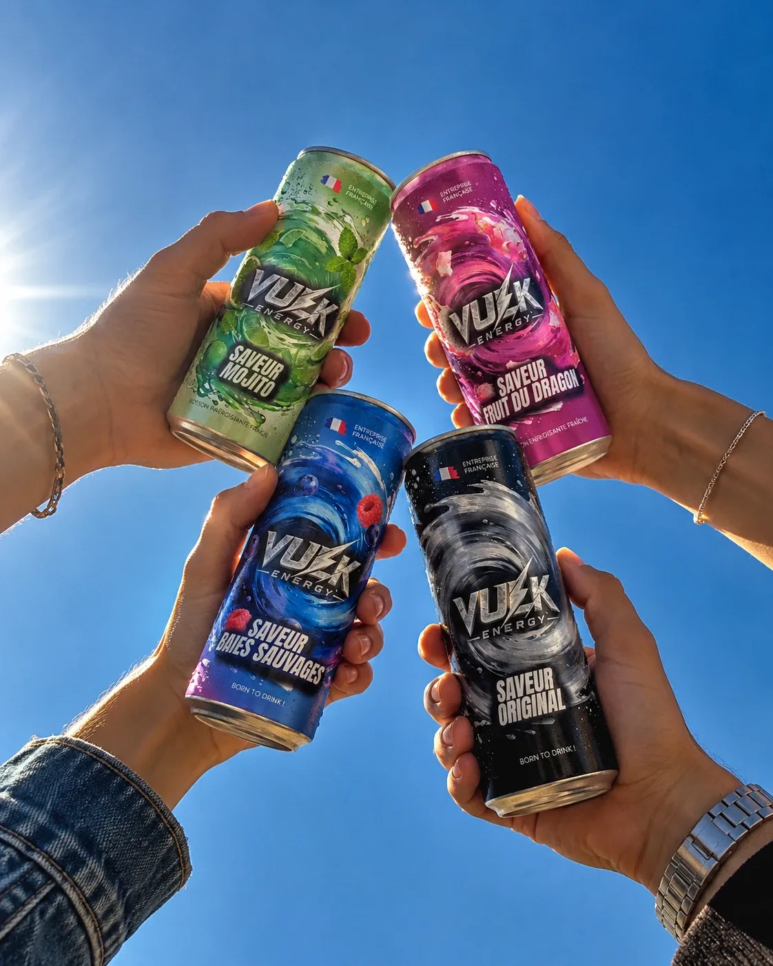 Photo pour Vulk Energy : quatre mains trinquent avec les canettes Mojito, Fruit du dragon, Baies sauvages et Original sous un ciel bleu